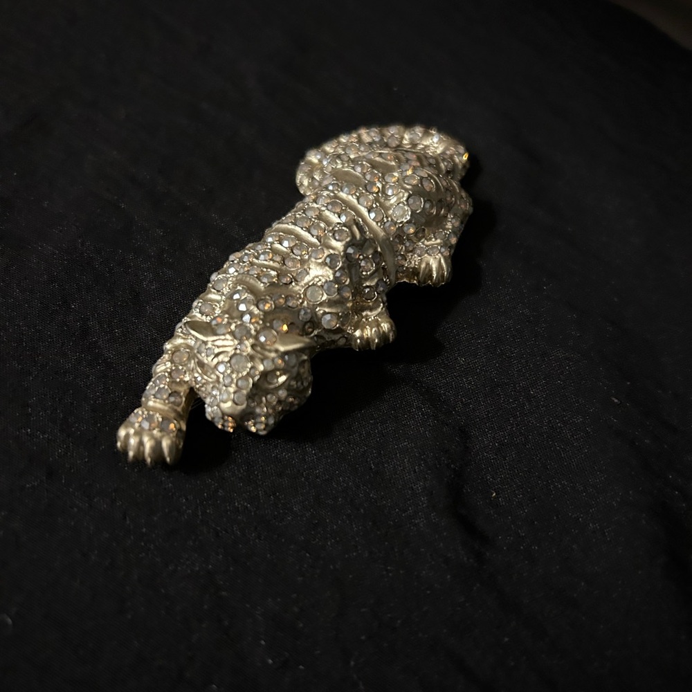Large gold tiger with clear rhinestones brooch